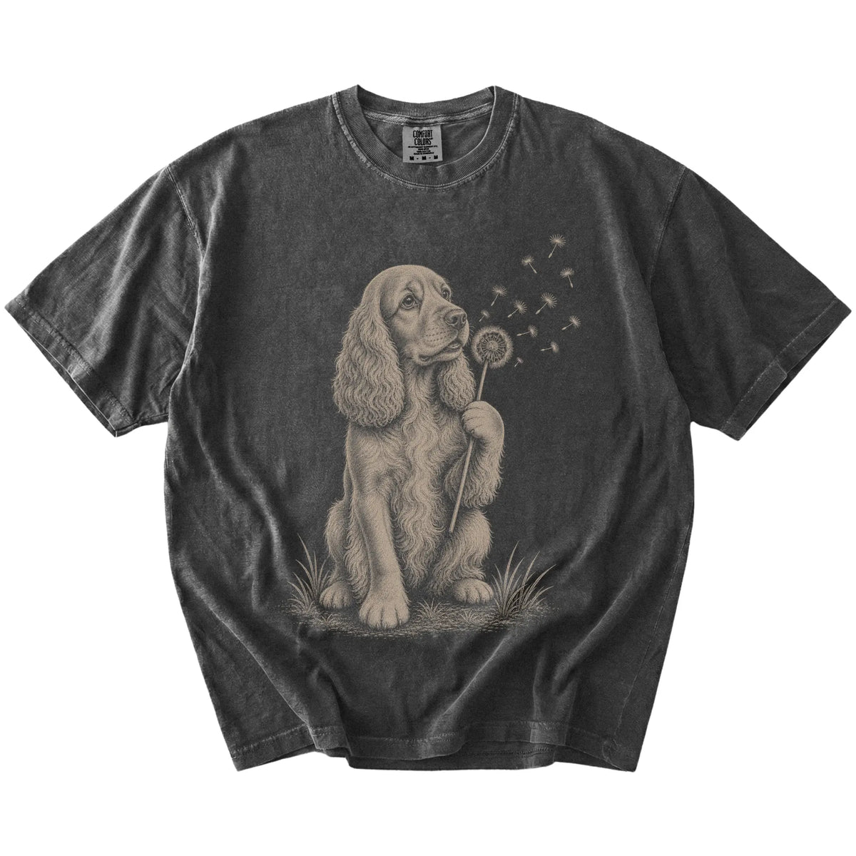 Cocker Spaniel portrait with drifting dandelion seeds on a Pepper Comfort Colors® T-shirt