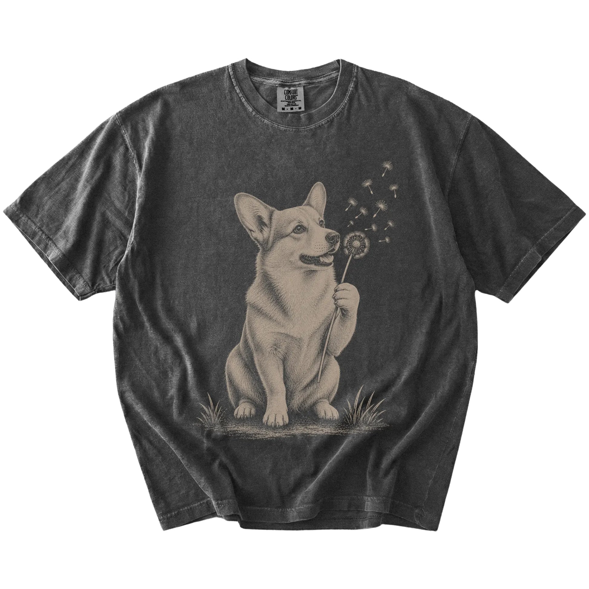 Corgi portrait with drifting dandelion seeds on a Pepper Comfort Colors® T-shirt