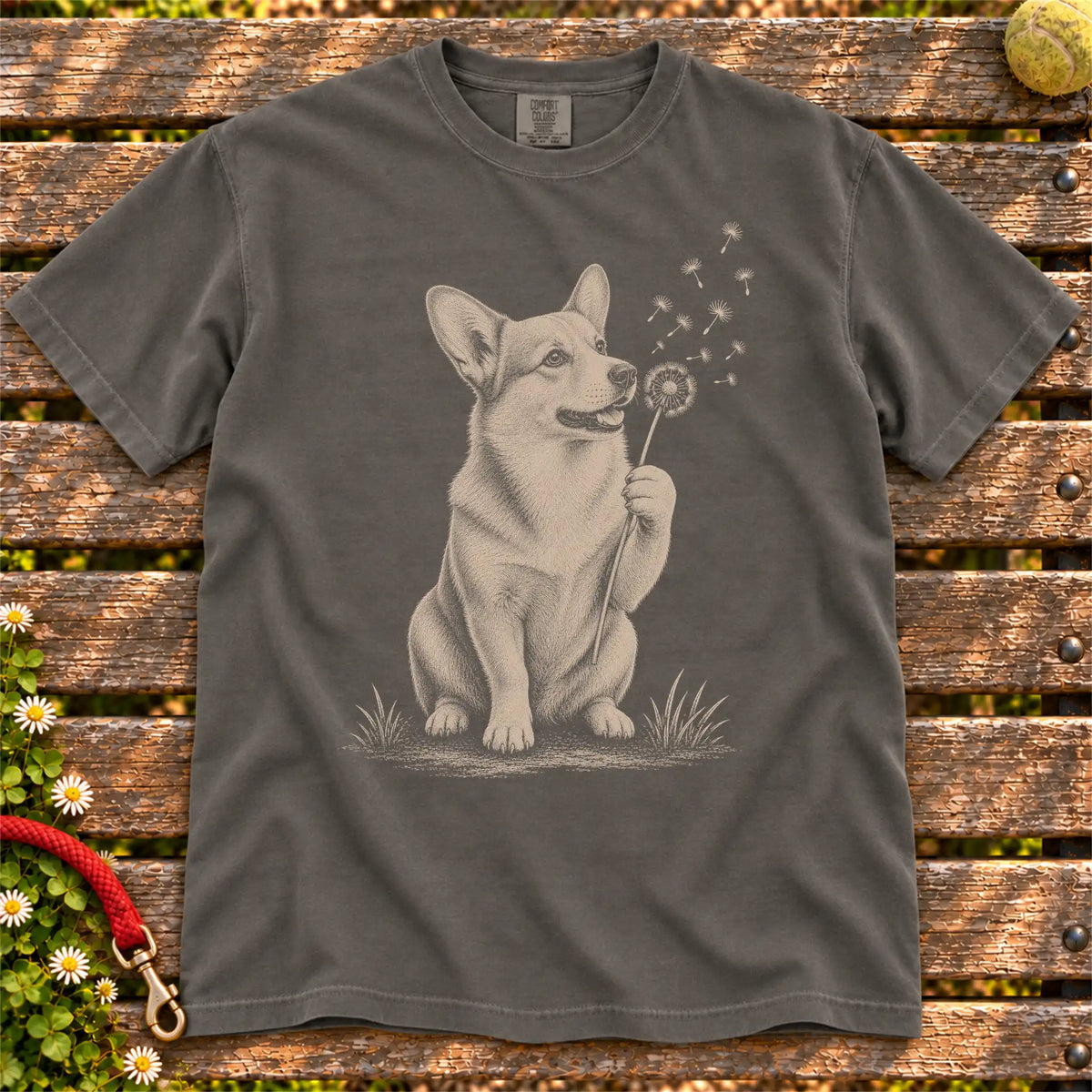Dandelion Corgi design on a Pepper Comfort Colors T-shirt, shown flat
