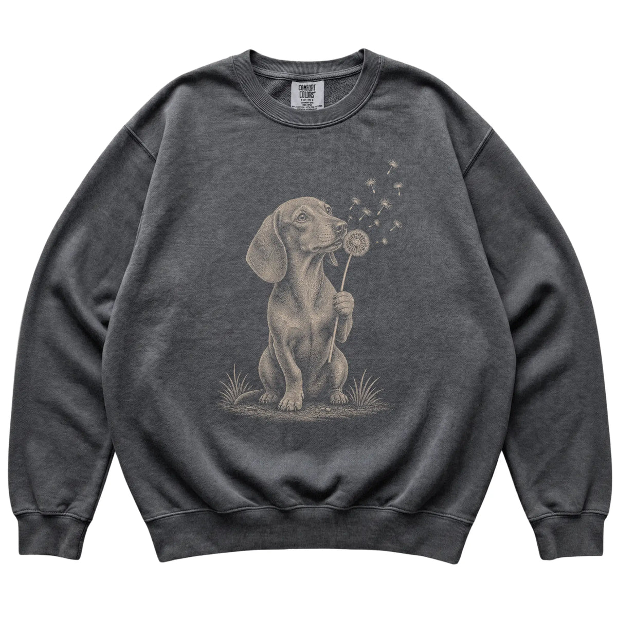 Pepper Comfort Colors® sweatshirt featuring Dandelion Dachshund, laid-flat presentation