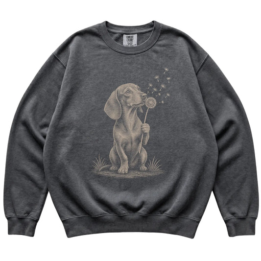 Pepper Comfort Colors® sweatshirt featuring Dandelion Dachshund, laid-flat presentation