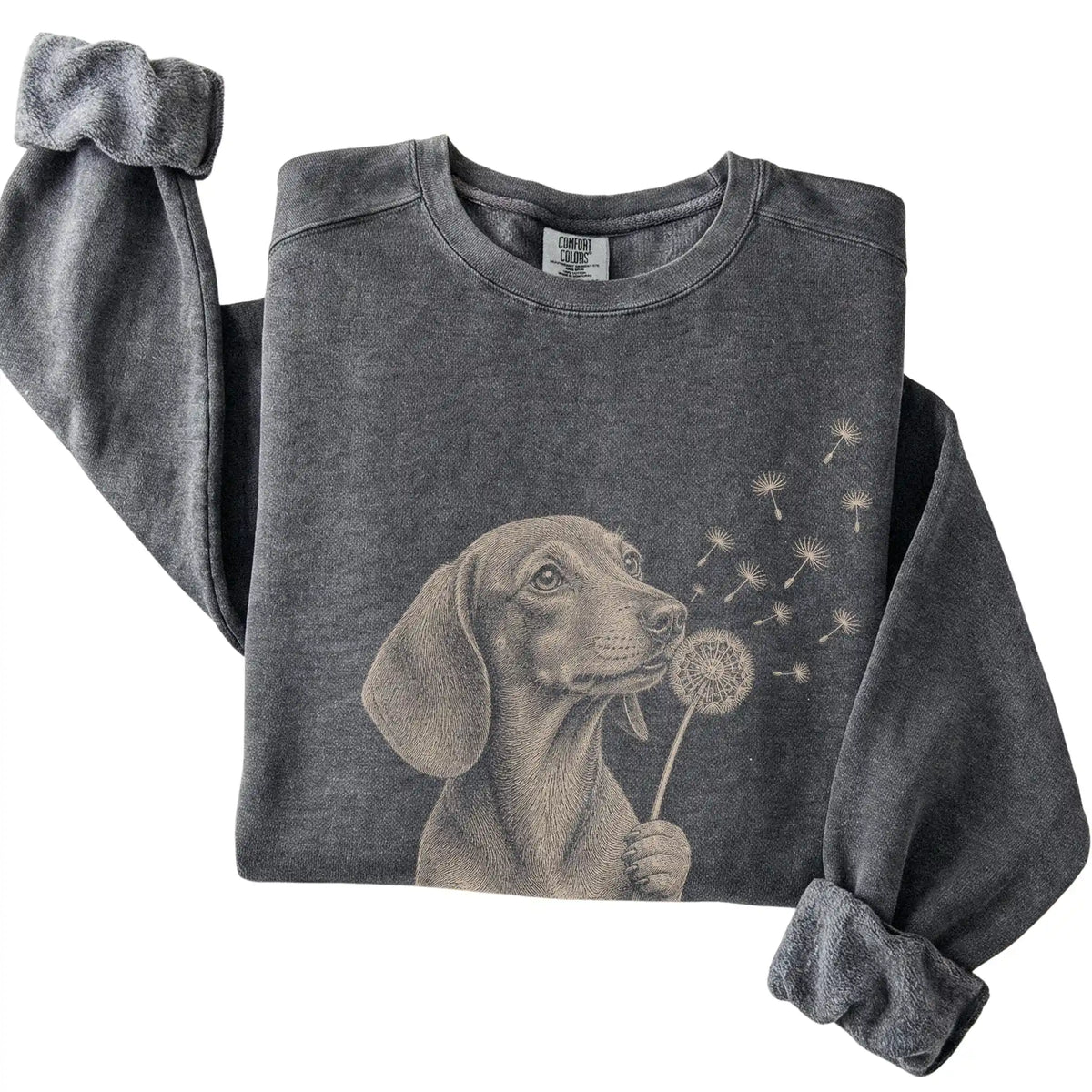 Pepper Comfort Colors® sweatshirt featuring Dandelion Dachshund, folded presentation