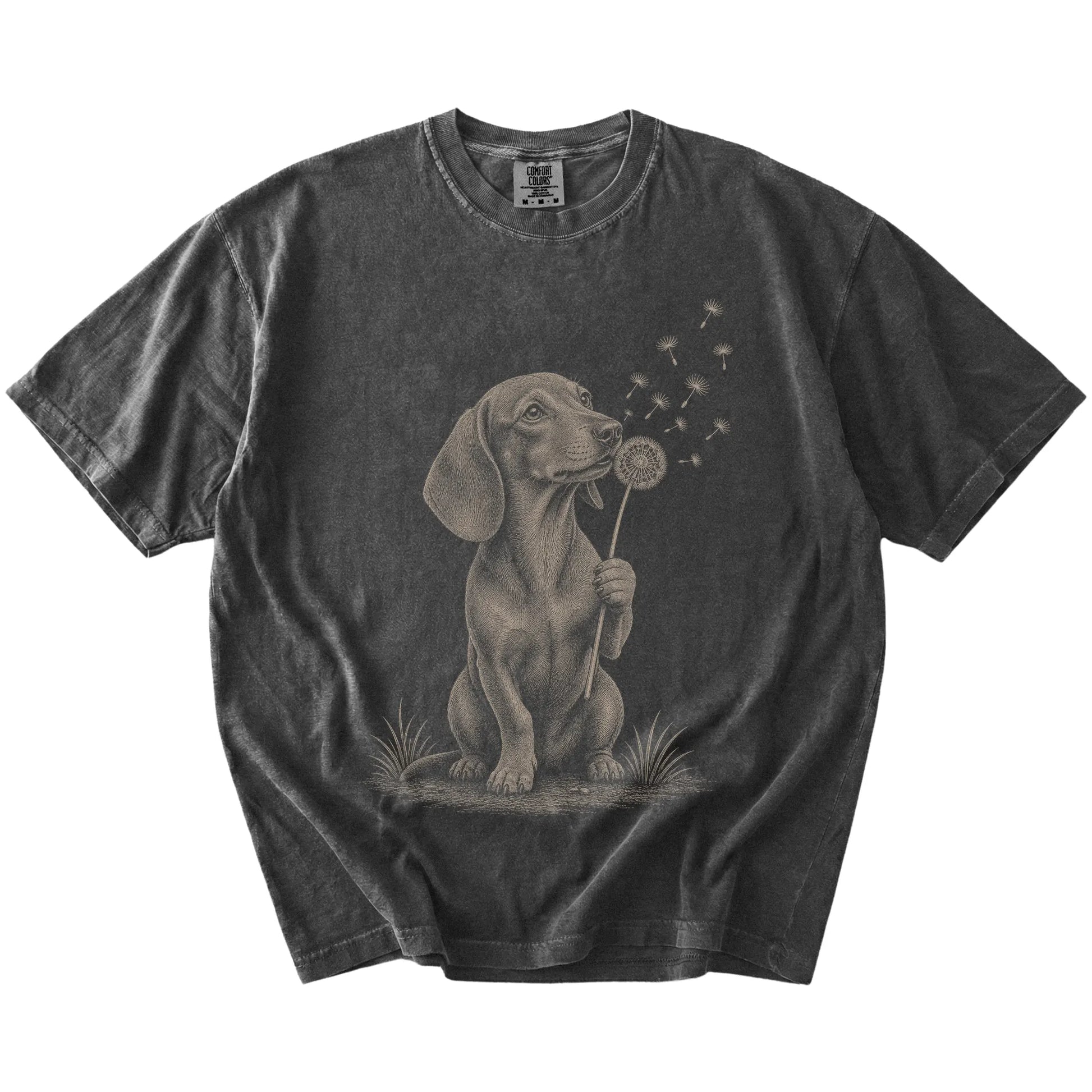 Dachshund portrait with drifting dandelion seeds on a Pepper Comfort Colors® T-shirt