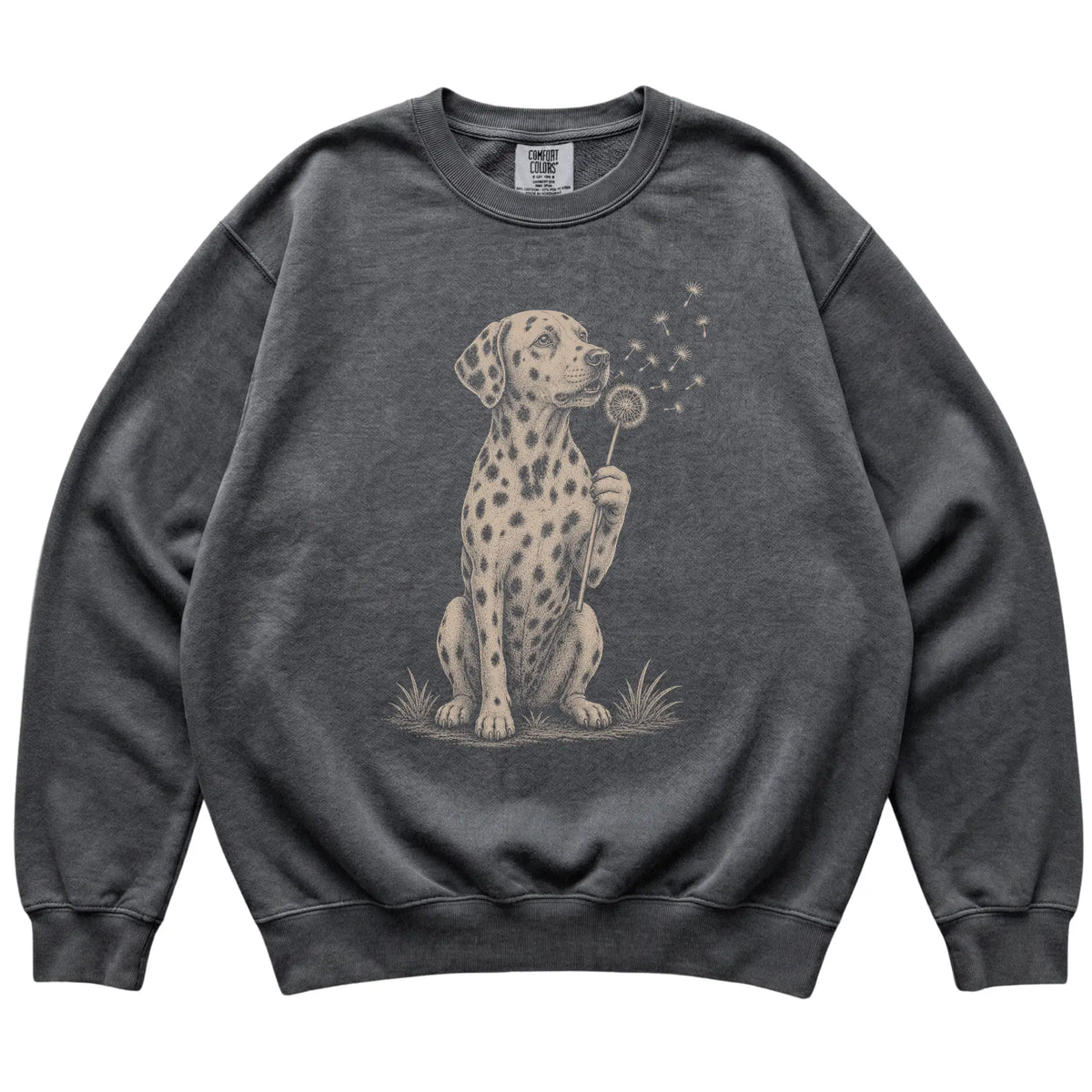 Pepper Comfort Colors® sweatshirt featuring Dandelion Dalmatian, laid-flat presentation