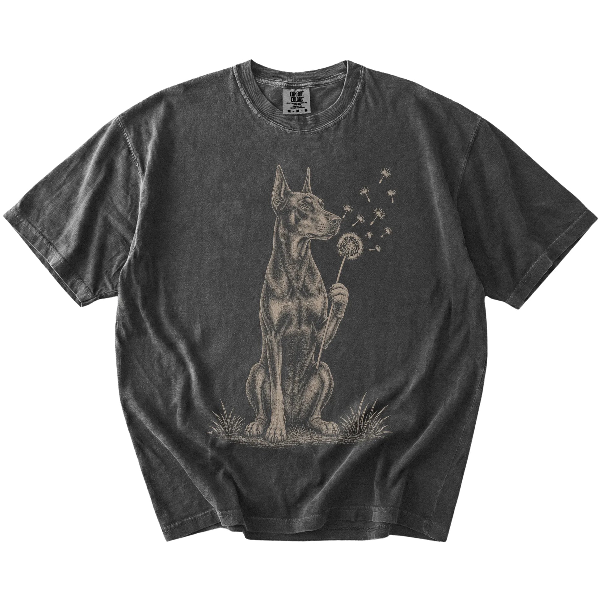 Doberman portrait with drifting dandelion seeds on a Pepper Comfort Colors® T-shirt