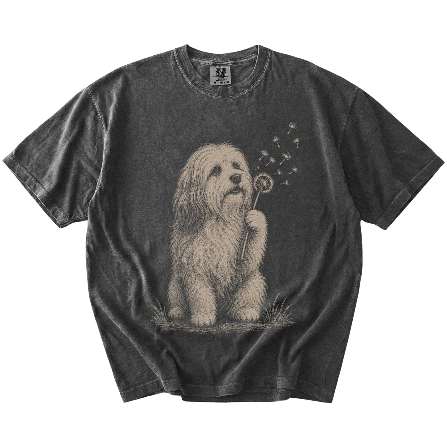 Havanese portrait with drifting dandelion seeds on a Pepper Comfort Colors® T-shirt