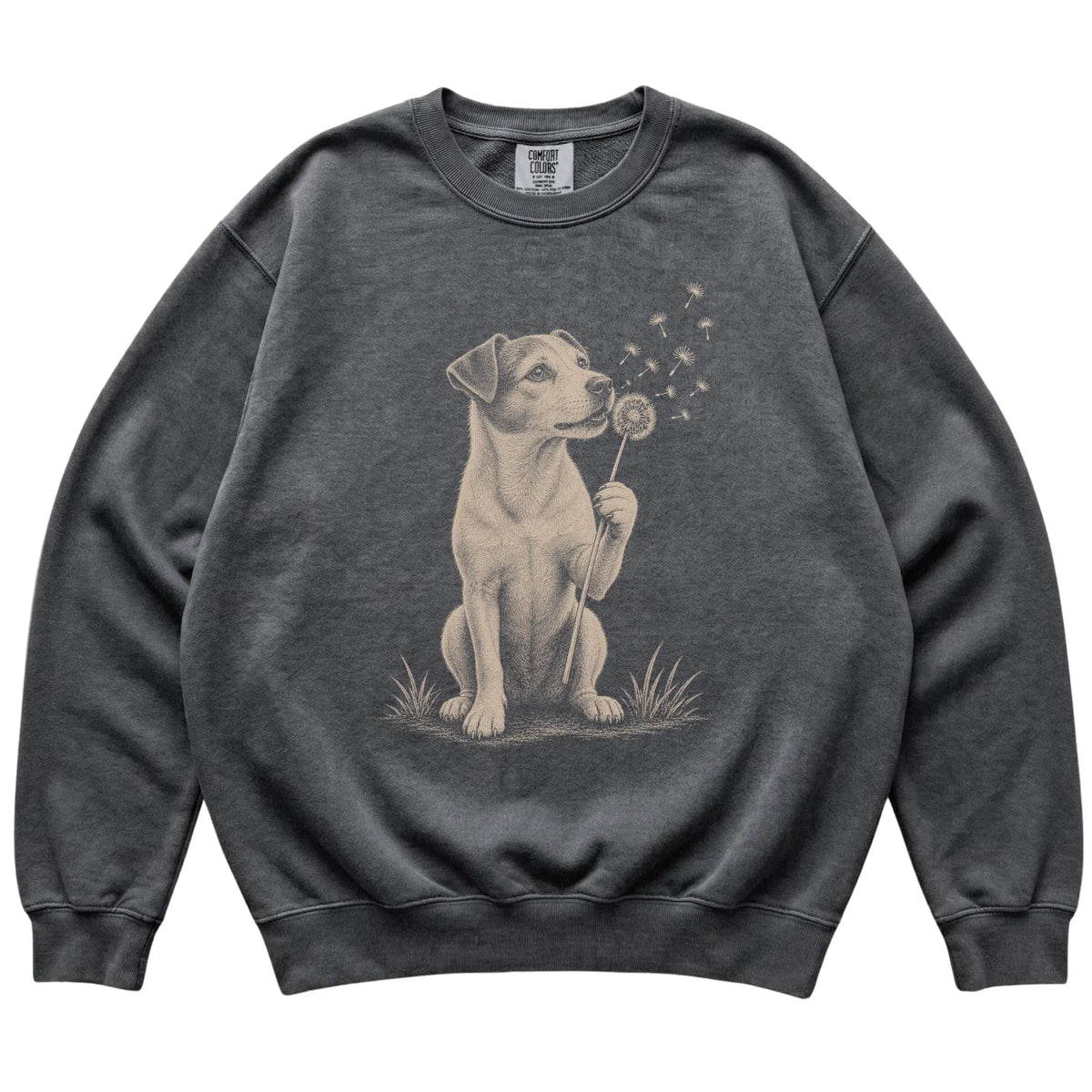 Pepper Comfort Colors® sweatshirt featuring Dandelion Jack Russell, laid-flat presentation