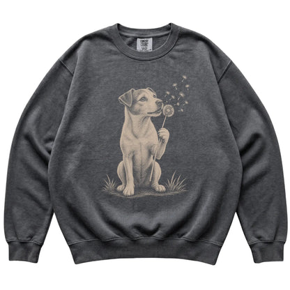 Pepper Comfort Colors® sweatshirt featuring Dandelion Jack Russell, laid-flat presentation