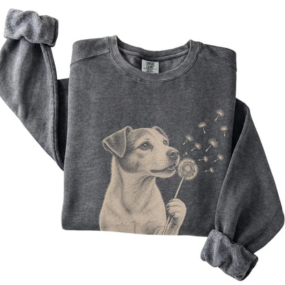 Pepper Comfort Colors® sweatshirt featuring Dandelion Jack Russell, folded presentation