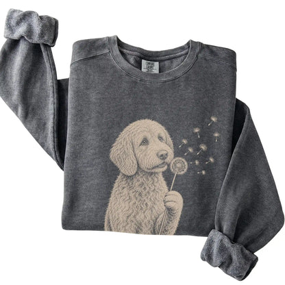 Pepper Comfort Colors® sweatshirt featuring Dandelion Labradoodle, folded presentation