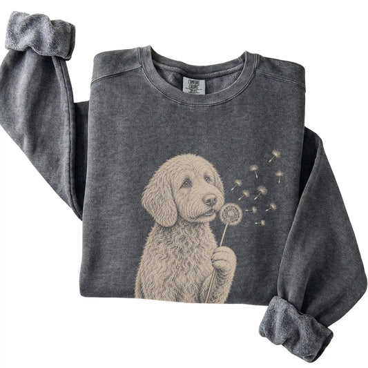 Pepper Comfort Colors® sweatshirt featuring Dandelion Labradoodle, folded presentation