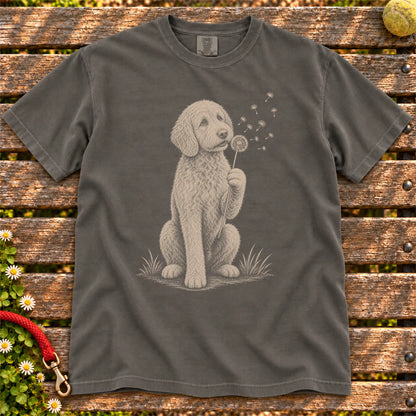 Dandelion Labradoodle design on a Pepper Comfort Colors T-shirt, shown flat
