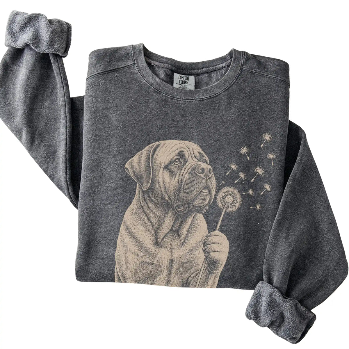 Pepper Comfort Colors® sweatshirt featuring Dandelion Mastiff, folded presentation