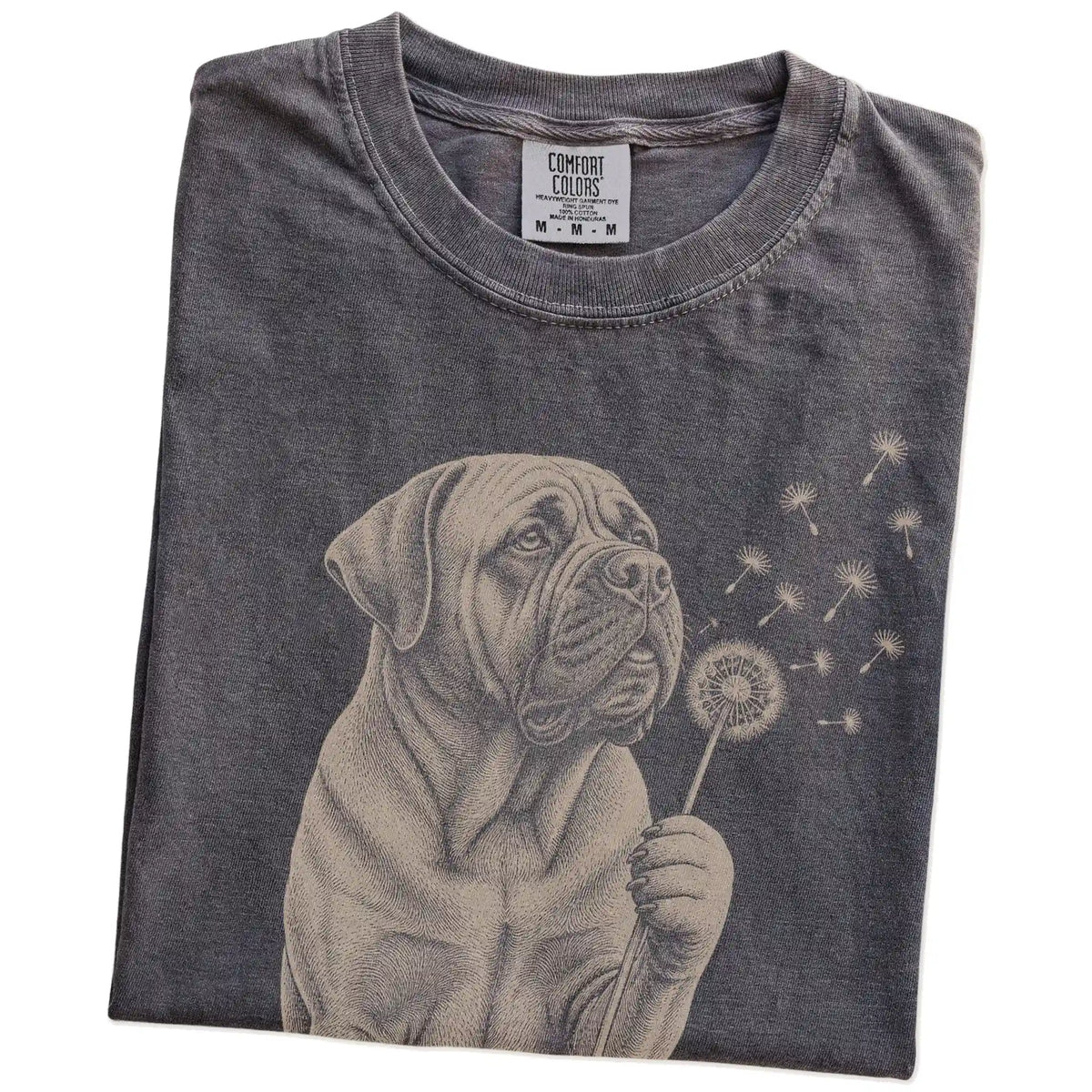 Folded Pepper Comfort Colors® T-shirt showing Mastiff portrait with drifting dandelion seeds