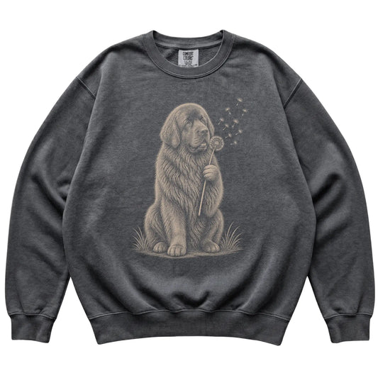 Pepper Comfort Colors® sweatshirt featuring Dandelion Newfie, laid-flat presentation