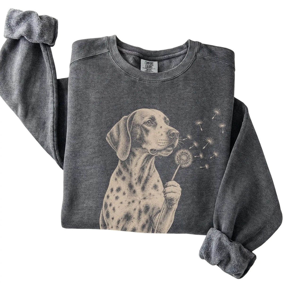 Pepper Comfort Colors® sweatshirt featuring Dandelion Pointer, folded presentation