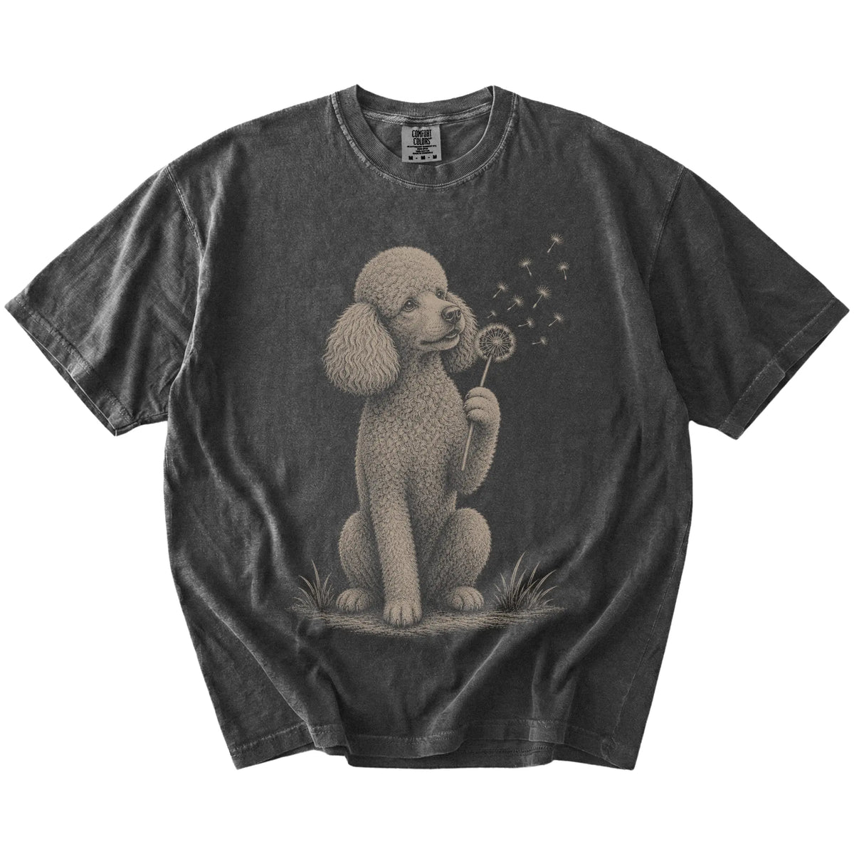 Poodle portrait with drifting dandelion seeds on a Pepper Comfort Colors® T-shirt