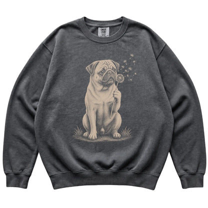 Pepper Comfort Colors® sweatshirt featuring Dandelion Pug, laid-flat presentation