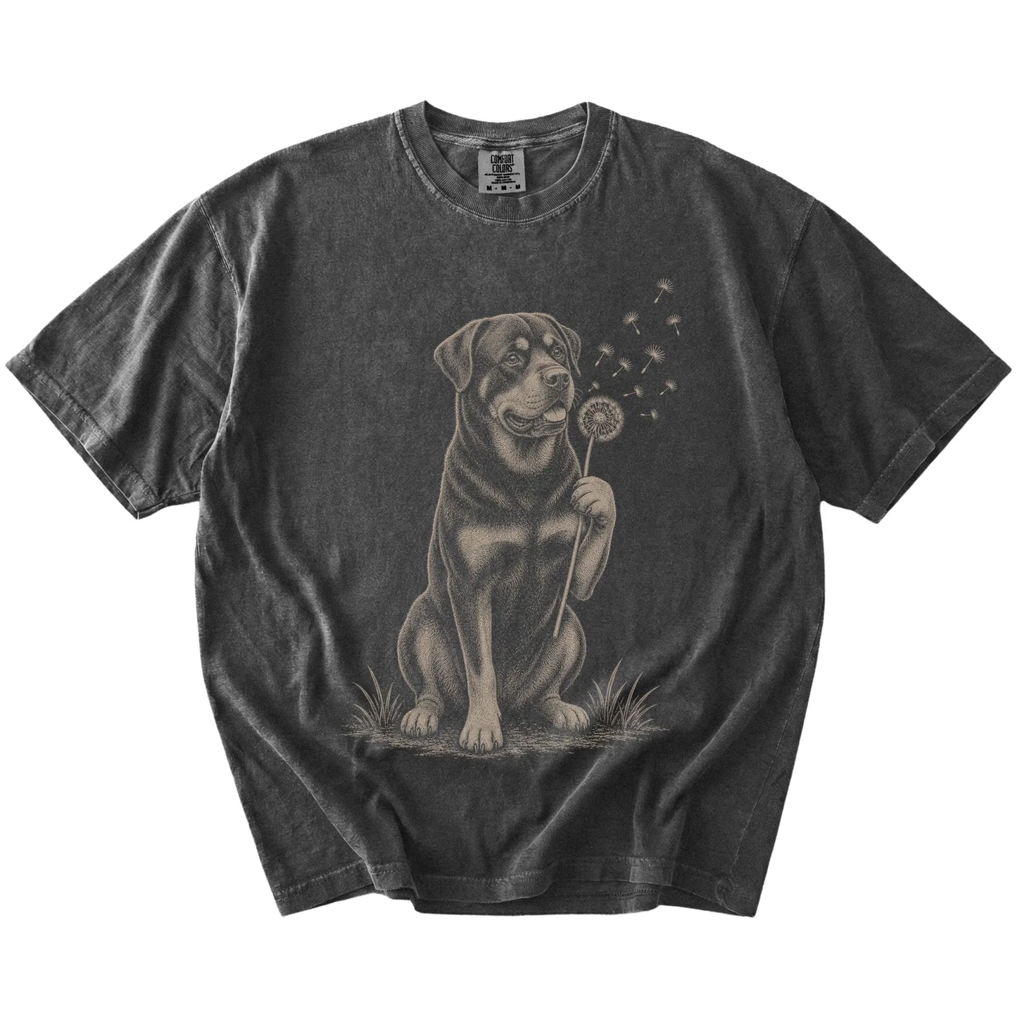 Rottweiler portrait with drifting dandelion seeds on a Pepper Comfort Colors® T-shirt