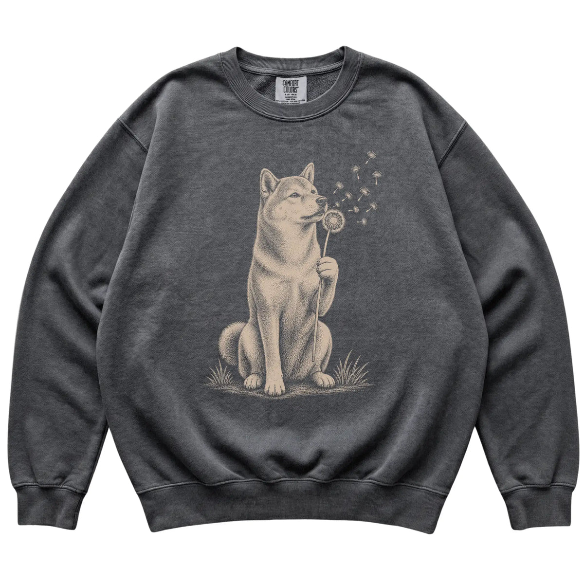 Pepper Comfort Colors® sweatshirt featuring Dandelion Shiba Inu, laid-flat presentation