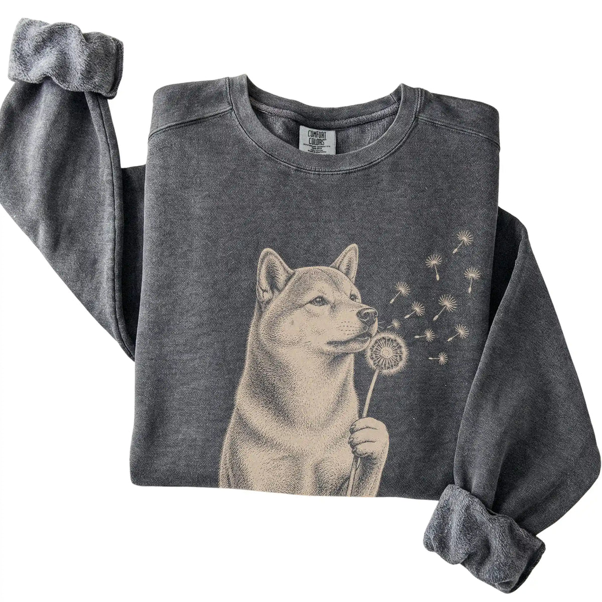 Pepper Comfort Colors® sweatshirt featuring Dandelion Shiba Inu, folded presentation