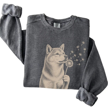Pepper Comfort Colors® sweatshirt featuring Dandelion Shiba Inu, folded presentation