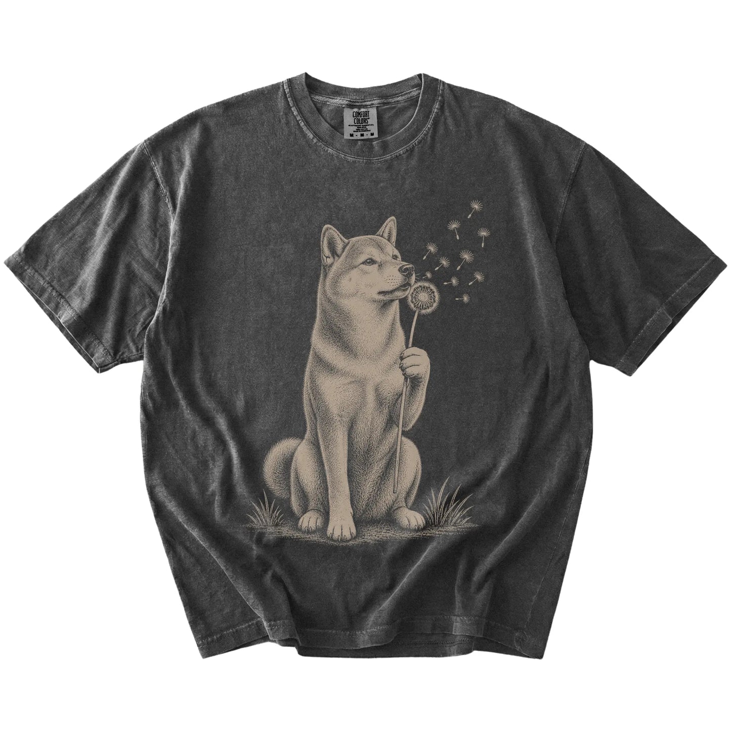 Shiba Inu portrait with drifting dandelion seeds on a Pepper Comfort Colors® T-shirt