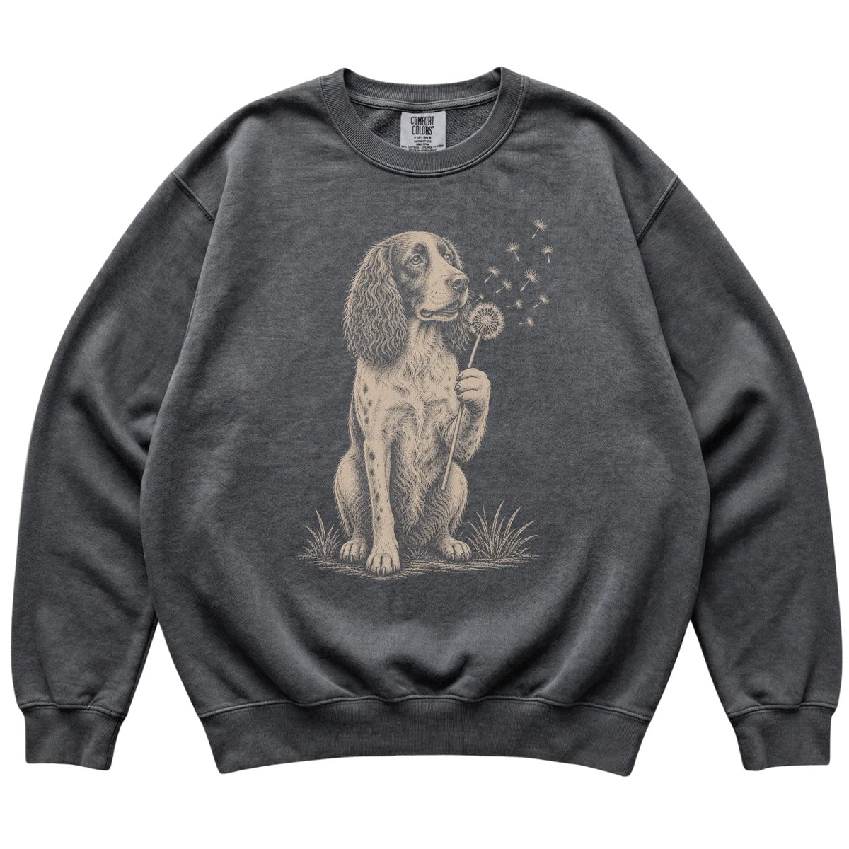 Pepper Comfort Colors® sweatshirt featuring Dandelion Springer Spaniel, laid-flat presentation