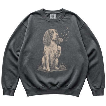 Pepper Comfort Colors® sweatshirt featuring Dandelion Springer Spaniel, laid-flat presentation