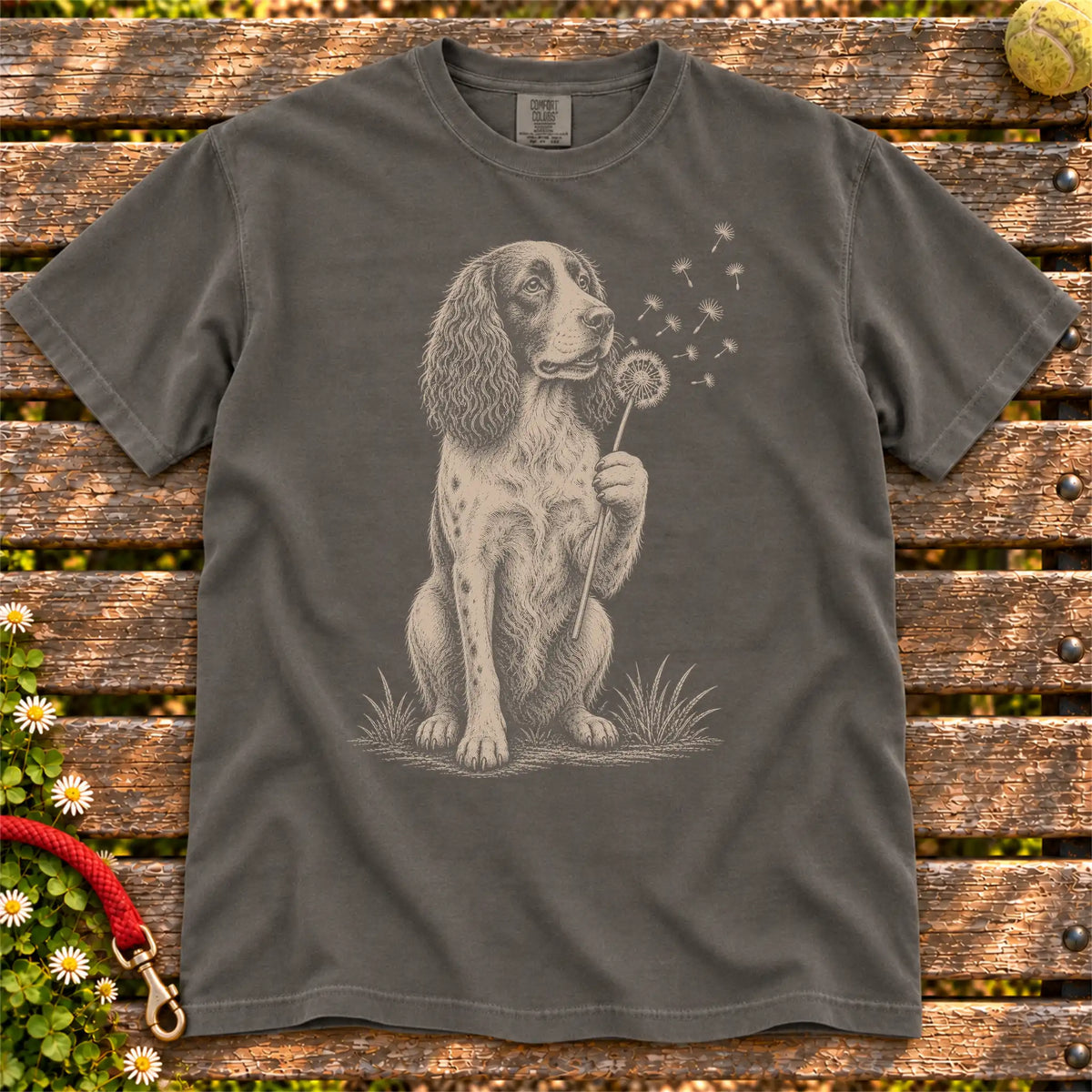 Dandelion Springer Spaniel design on a Pepper Comfort Colors T-shirt, shown flat