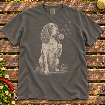 Dandelion Springer Spaniel design on a Pepper Comfort Colors T-shirt, shown flat