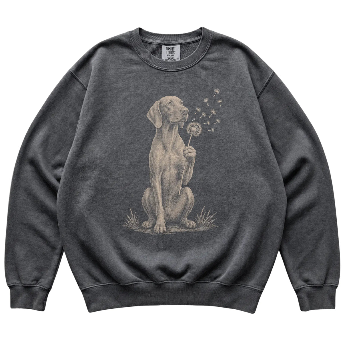 Pepper Comfort Colors® sweatshirt featuring Dandelion Vizsla, laid-flat presentation