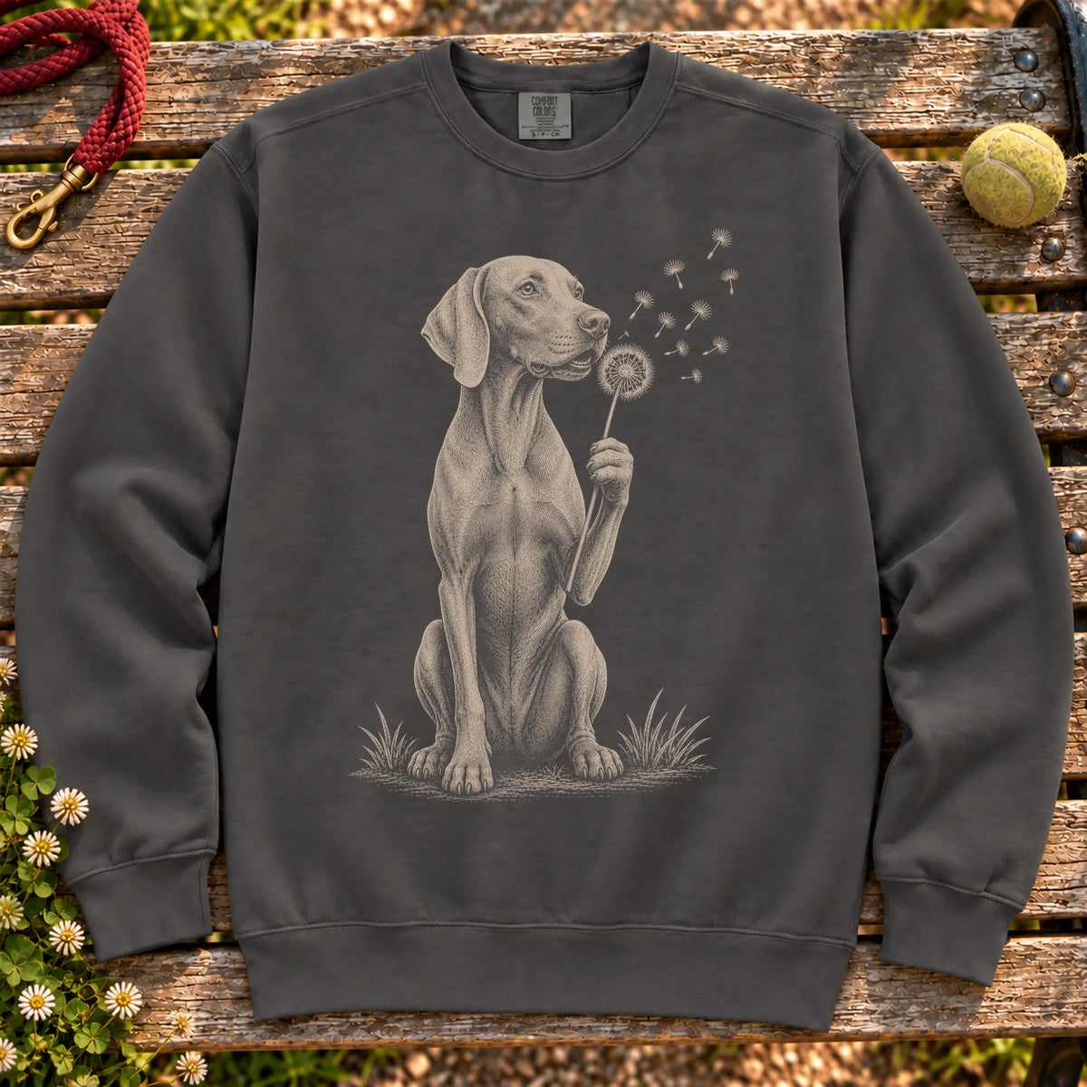 Weimaraner Dandelion on a Pepper crewneck sweatshirt, shown flat