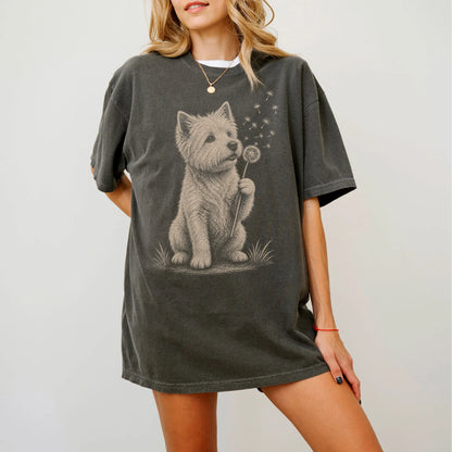 Model wearing a Pepper Comfort Colors® T-shirt showing Westie portrait with drifting dandelion seeds