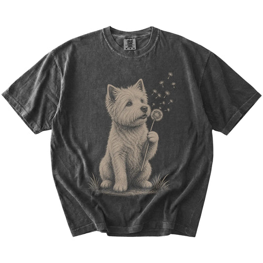 Westie portrait with drifting dandelion seeds on a Pepper Comfort Colors® T-shirt