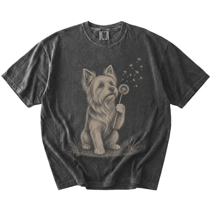 Yorkie portrait with drifting dandelion seeds on a Pepper Comfort Colors® T-shirt