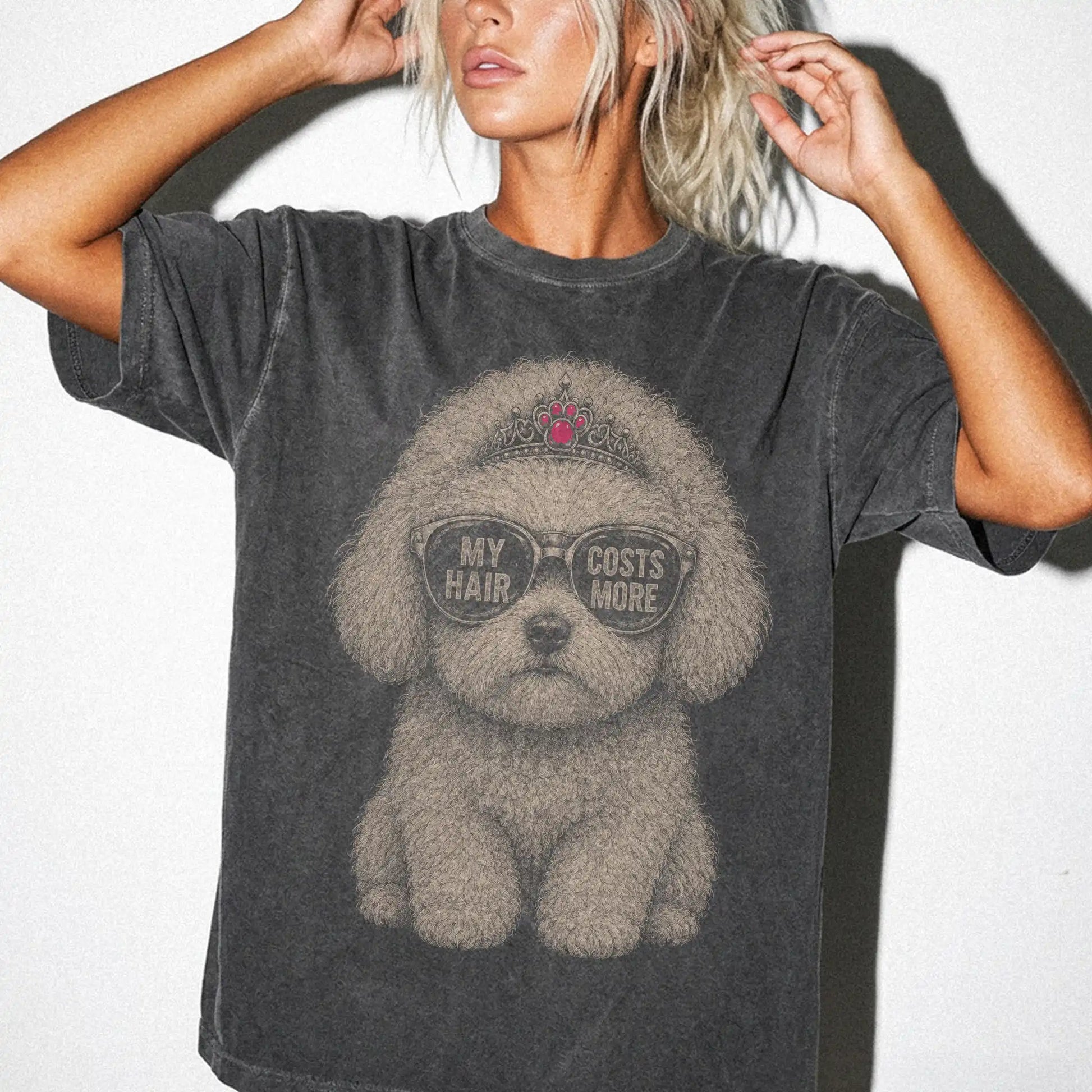 Woman wearing a Pepper Diva Bichon Frise T-Shirt