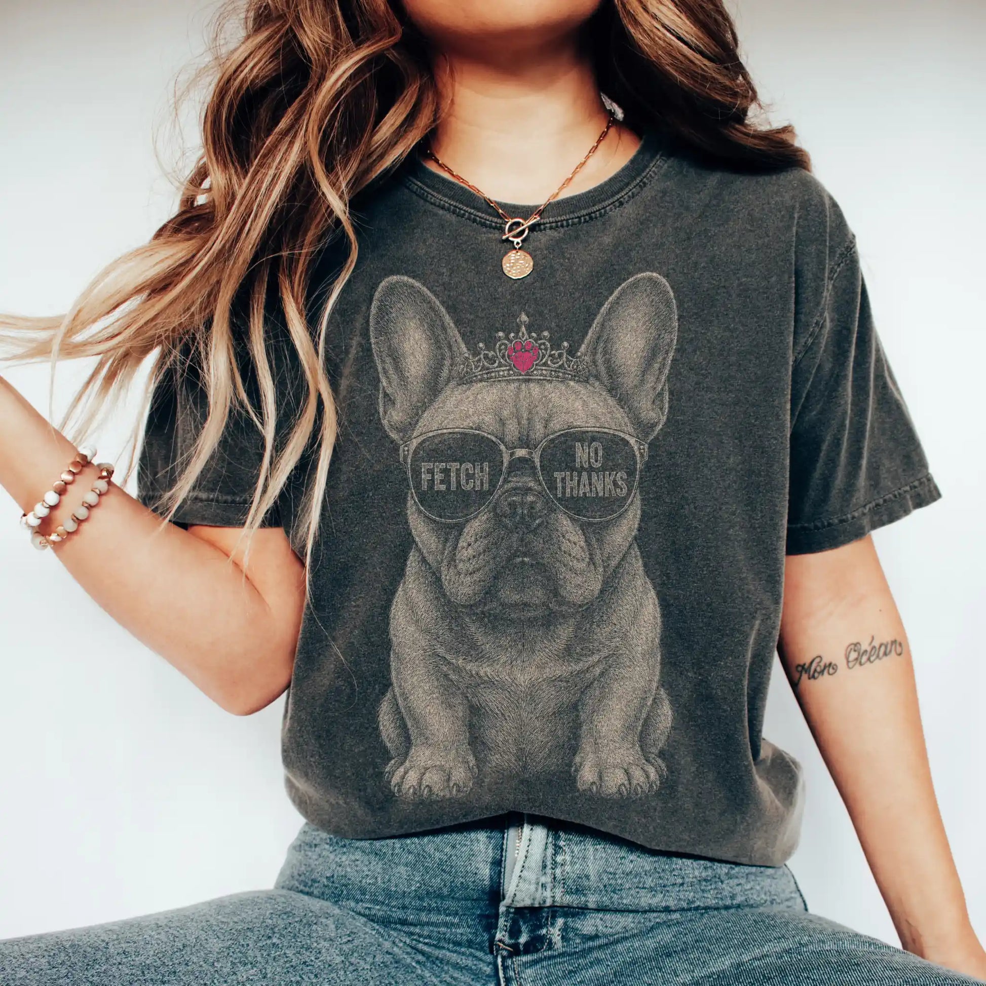 Woman wearing a Pepper Diva French Bulldog T-Shirt