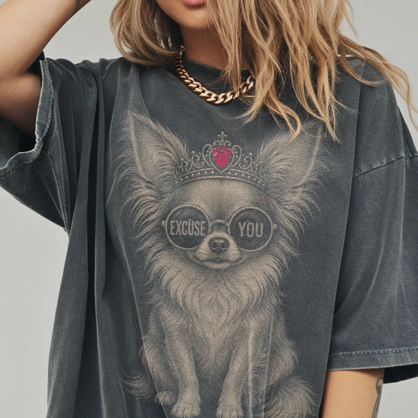 Woman wearing a Pepper Diva Long-Haired Chihuahua T-Shirt
