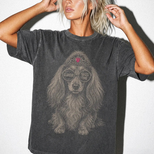 Woman wearing a Pepper Diva Long-Haired Dachshund T-Shirt