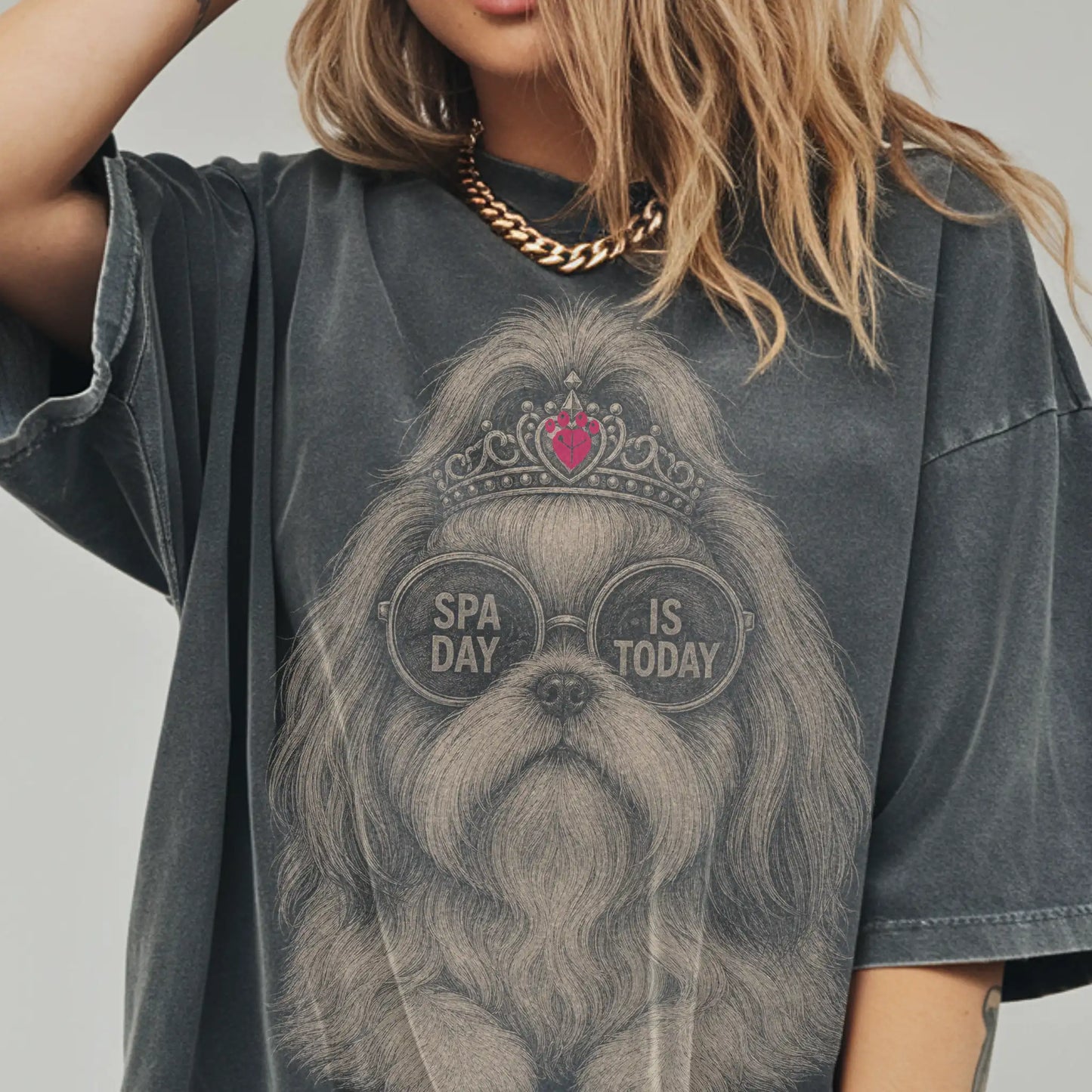 Woman wearing a Pepper Diva Shih Tzu T-Shirt