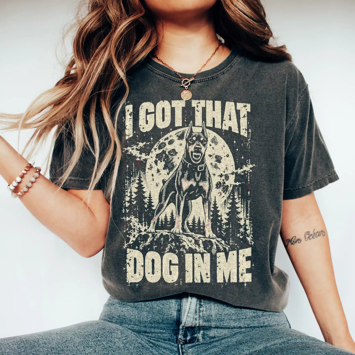 Pepper Doberman I Got That Dog in Me T-shirt, worn by a model