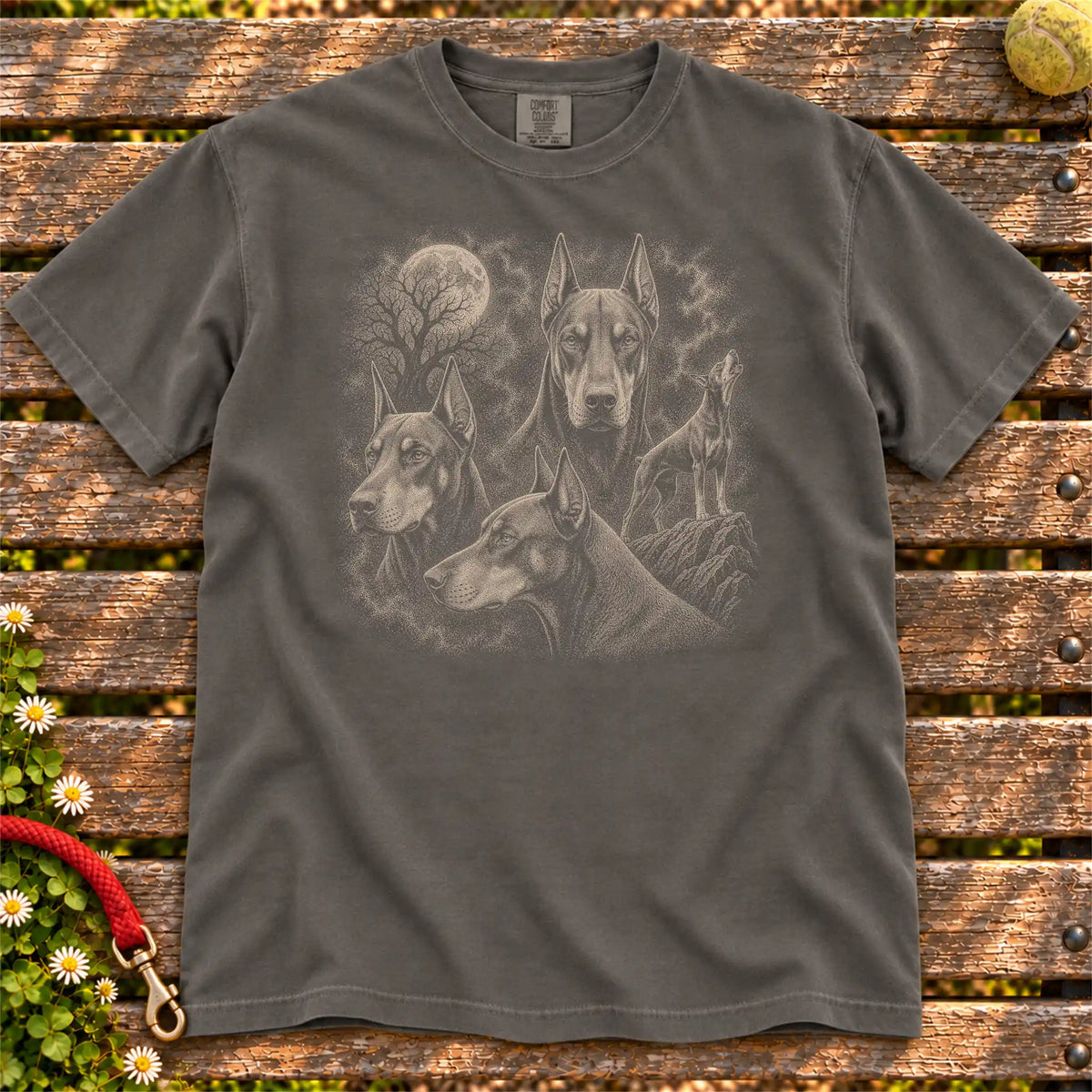 Doberman 90s Moon design on a Pepper T-shirt shown flat