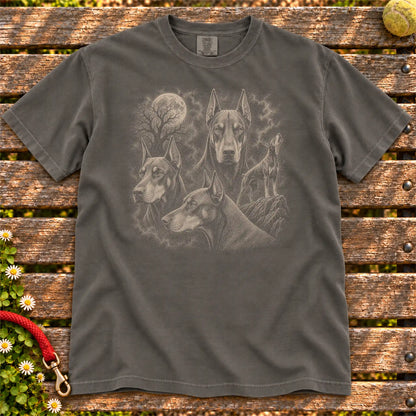 Doberman 90s Moon design on a Pepper T-shirt shown flat