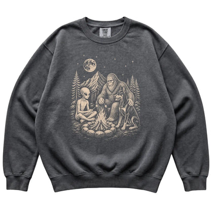 Pepper Doberman Camping with Bigfoot and Alien shirt laid flat