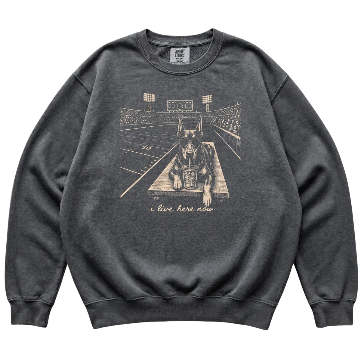 Pepper Doberman Football Tailgate sweatshirt, laid flat