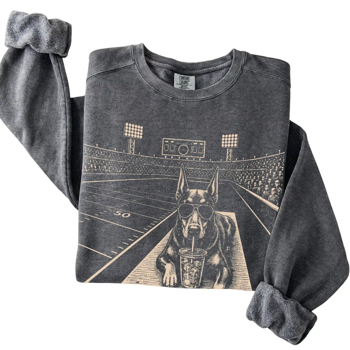 Pepper Doberman Football Tailgate sweatshirt, folded