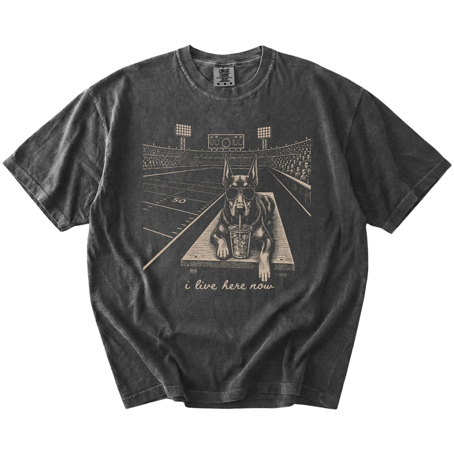 Doberman ready for football and tailgate season on a Pepper Comfort Colors® T-shirt