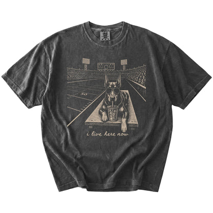 Doberman ready for football and tailgate season on a Pepper Comfort Colors® T-shirt