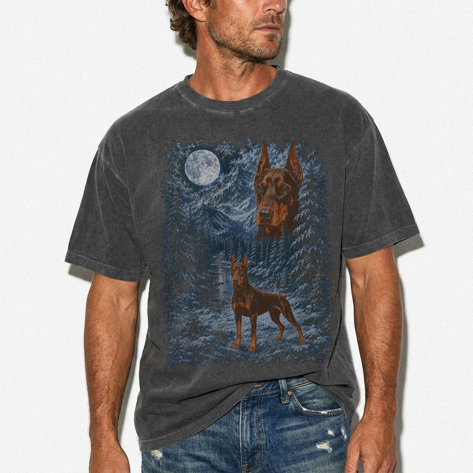Person wearing a Pepper Doberman winter forest t-shirt